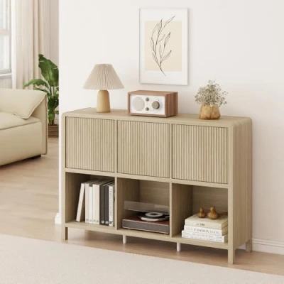 Image de [en.casa] Commode avec 3 Portes à Montage Flexible Système Push to Open 6 Compartiments de Rangement Spacieux Intemporel Stable pour Salon Chambre Bureau Entrée MDF 77 x 110 30 cm Effet Chêne