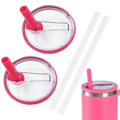 Image de NEERIX Lot de 2 couvercles rechange, réutilisables, qualité supérieure, avec paille, anti fuite et poussière, accessoires pour tasse Stanley, couvercle paille (rouge rose)