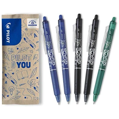 Image de PILOT Lot de 5 Frixion Ball Clicker Stylo rétractable effaçable à encre thermosensible roller rechargeable et ergonomique 2 Bleus, Noirs, 1 Vert Pointe moyenne