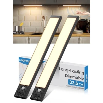 Image de HIBOITEC Lumic Lampe Detecteur de Mouvement 70LED, USB Rechargeable Eclairage LED Cuisine Sous Meuble à Piles 2500mAh, Placard Sans Fil Placard, Armoire (32.5 cm,Lumière Blanche Chaude)