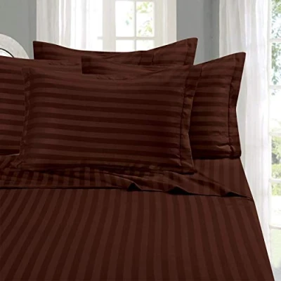 Image de Elegant Comfort Parure de lit 4 pièces, Douce et Confortable, en Microfibre qualité hôtelière, 600 Fils/cm², Infroissable, pour Double XL, Rayures damassées, Marron Chocolat