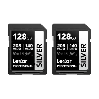 Image de Lexar Silver Lot de 2 Cartes SD 128Go, UHS I Carte SDXC Jusqu&#039;à 205 Mo/s en Lecture, 140 écriture, V30, 4K UHD Video, U3, Classe 10, Mémoire avec Lifetime Data Recovery