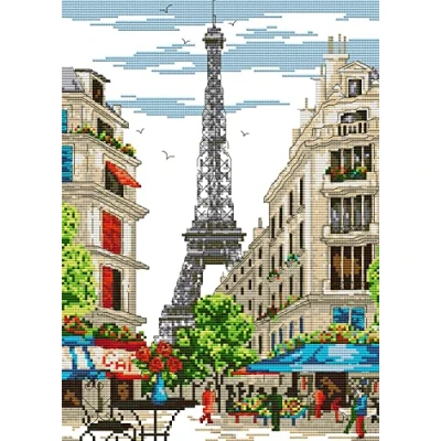 Image de Awesocrafts Kit de broderie au point croix, motif scène rue Paris, facile à broder (rue, estampé)