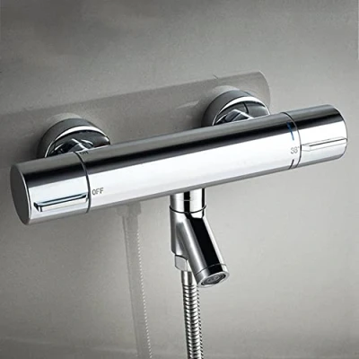 Image de AFUDER Mitigeur Thermostatique de Douche 38℃ Bain noir Robinet à Deux Sorties G 1/2&quot; en Laiton Chromé