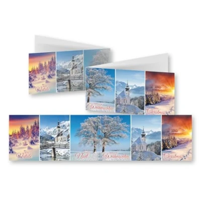 Image de EDITION COLIBRI 10 cartes de Noël nostalgiques en set avec enveloppes: format déplié 42 x 10,5 cm (XL panorama), des paysages hivernaux et églises sous la neige, multilingues (11161)