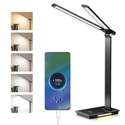 Image de LENDOO Lampe de Bureau Led,Desk Lamp Lumiere Rechargeable &amp; Dimmable 5 Modes Couleur Niveaux Luminosi, Pliable, 2000Mah Batterie+Avec Port Usb Pour Enfants, Etude,Travail Bure