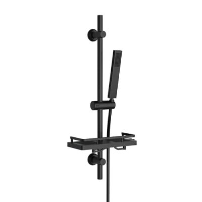 Image de Görbach Colonne de douche avec étagère douche/porte savon, barre en acier inoxydable 70 cm douchette à main, tuyau et support, noir mat