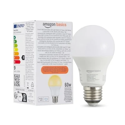 Image de Amazon Basics Lot de 1 ampoule LED intelligente A60 à intensité variable, E27, Wi Fi 2,4 GHz, 8.5 W Fonctionne uniquement avec Alexa, Blanc Doux