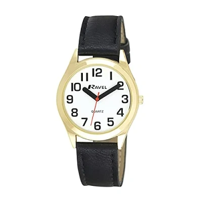 Image de Ravel Montre Femme à Bracelet d&#039;aide la Vue avec de Gros Chiffres Cadran Blanc/Ton Or/Noir