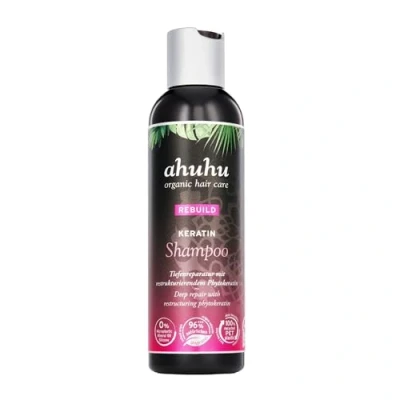 Image de ahuhu REBUILD Shampoing kératine (200 ml) à la phytokératine végétale, grenade et amarante, restructure les cheveux facilite le démêlage, anti fourches frisottis