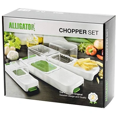 Image de ALLIGATOR 3002 Hachoir Multifonction 3 en 1 Coupe Légumes Oignon Frites Lames Interchangeables 3x3 mm 6x6 12x12 Sans BPA Blanc et Vert