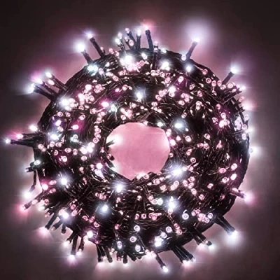 Image de Luccika Série guirlande lumineuse de 9 mètres avec 180 LED rose + blanc glace pour sapin Noël d&#039;extérieur et intérieur contrôleur 31 V 8 jeux lumière mémoire câble verte