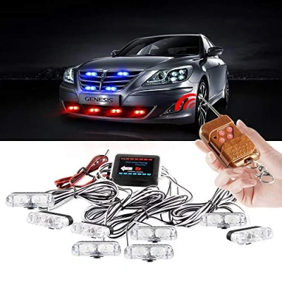 Image de yifengshun 8 in 1 LED Lumières Stroboscopiques D&#039;urgence pour Camion Véhicule Avertissement Clignotant Grille de Guide Flash DRL Police Voiture Moto DC12V Télécommande Sans Fil(Bleu &amp; Rouge)