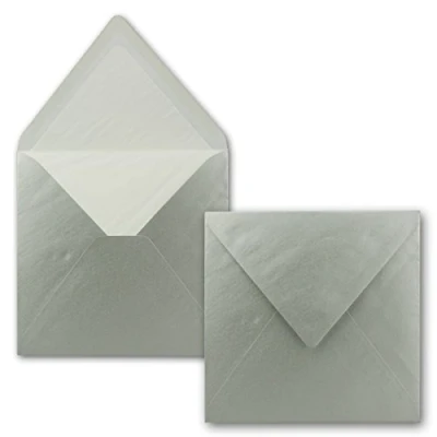 Image de Lot de 50 enveloppes carrées, 16 x cm, argentées, métallisées, avec doublure en soie blanche, sans fenêtre et à collage humide, pour cartes d&#039;invitation au mariage anniversaire