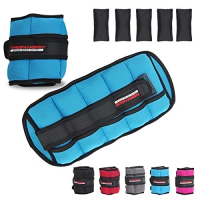Image de TrainHard Lot de 2 manchettes lestées réglables avec 5 sacs poids séparables pour poignets et chevilles Disponibles en 4 variantes couleurs (1,5 kg Bleu)