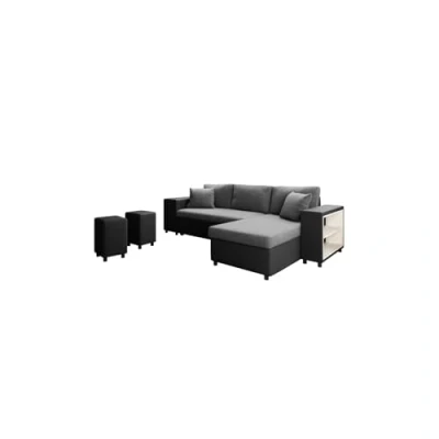 Image de Canapé d&#039;angle convertible MADY avec coffre, étagère et poufs en simili microfibre Gris / Noir
