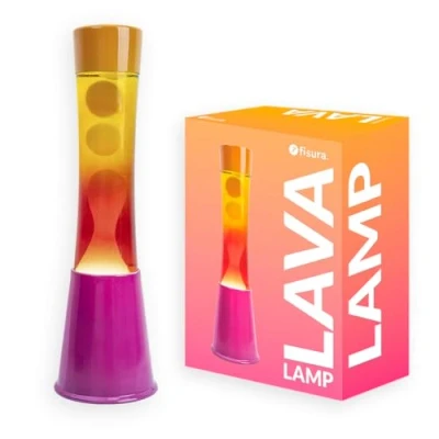 Image de fisura. Lampe à lave dégradée rose et orange. Base rose, verre effet dégradé couvercle relaxant. Avec ampoule de rechange. 11 cm x 39,5 cm.