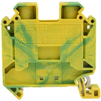 Image de PHOENIX CONTACT Bornier de terre modulaire UT 16 PE avec borne à vis, 2 nombres bornes, AWG 4, mm² section nominale, vert/jaune, 1 pièce