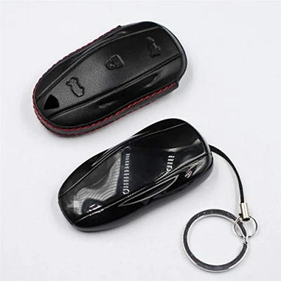 Image de M.JVisun Véritable Cuir Clef Coque Porte clés pour Tesla Model S Intelligent Clé de Voiture Noir