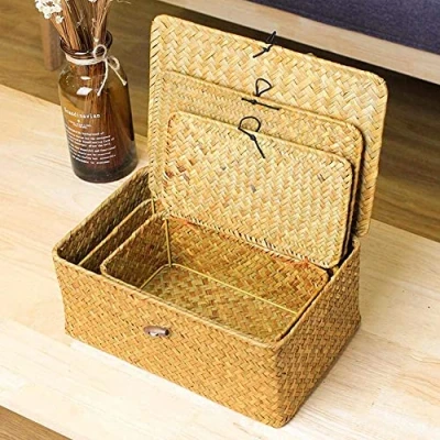 Image de Boite de Rangement avec Couvercle Rectangulaire Fait à la Main en Rotin Tressé Panier Organisateur Maquillage Multifonction, Boîte Naturelle pour étagères (S/M/L)