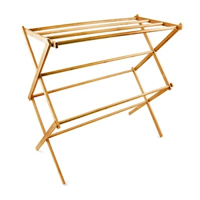 Image de Relaxdays 10017158 Porte serviettes pliant en Bambou HxlxP : 73 x 74 36 cm séchoir linge support pliable bois avec 8 barres de séchage serviteur chambre pour vêtements bain, nature