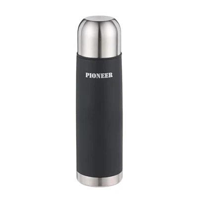 Image de Pioneer Bouteille Isotherme à Double paroi sans BPA en Acier Inoxydable 18/10 avec Bouton Poussoir et gobelet 1L, Noir, 8 Heures Chaud, 100% étanche