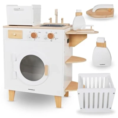 Image de Mamabrum machine à laver pour enfants en bois 3+ avec fer repasser, panier et liquide linge, ensemble de linge jouet nettoyants, planche repasser
