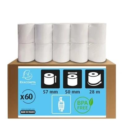 Image de Exacompta Réf. 40344E Carton de 60 bobines pour tickets carte bancaire largeur 57 mm x diamètre 50 mandrin 12 1 pli thermique 55g/m² Métrage (+ ou 2m) : 28 m Blanc