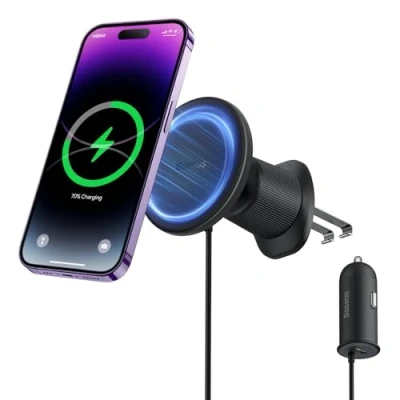 Image de Chargeur de voiture sans fil magnétique Baseus CW01 15W avec port USB C 25W Noir