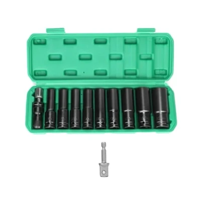 Image de QWORK® 11 Pièces Douilles à Chocs 1/2 Pouce avec Adaptateur Douille, Coffret Douille Hex Longue 10/12/13/14/15/16/17/19/22/24 mm en acier CR V de Qualité Supérieure