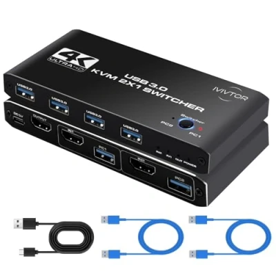 Image de IVIVTOR Switch USB 3.0 Commutateur KVM 4 Ports pour 2 PC Entrées Sorties Clavier Souris Clé Disque Dur Externe Imprimante Scanner Câbles Inclus