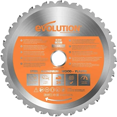 Image de Evolution Power Tools Lame En Carbure De Tungstène Coupe Multi Matériaux, Les Métaux, Bois, Plastique Et Plus Encore, Pour Scies À Onglets Table, 24 Dents 210mm R210TCT 24T