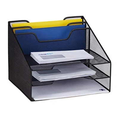Image de Relaxdays 10028951_46 Rangement, organiseur de table avec 5 compartiments, porte documents, Mesh, 24x32x29 cm, noir, acier, 1 Support