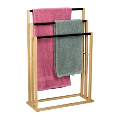 Image de Relaxdays Porte Serviettes en Bambou, 3 Barres quinconce, H x L P : 82 55 24 cm, Salle de Bain, Nature et Noir