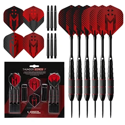 Image de Darts Corner X1065 Thunder Jeu de 24 fléchettes à pointe en acier avec barils 22 g, ailettes et tiges aluminium Série 1 Noir/rouge