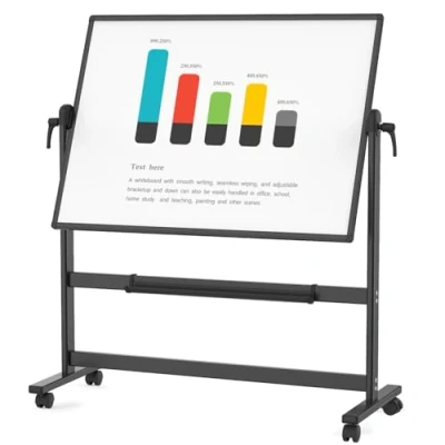 Image de VIZ PRO Tableau blanc mobile magnétique double face, 120 x 90 cm, cadre et support en aluminium noir