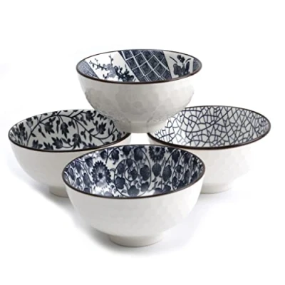 Image de lachineuse Coffret 4 Bols Chinois Motifs Asiatiques Bleus ⌀ 11cm à Riz, Petit Déjeuner &amp; Soupe Traditionnels Japonais Bol Asiatique Asie Cadeau Vaisselle