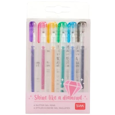 Image de LEGAMI Lot de 6 Mini Stylos Gel Glitterate, 0,8 x 10,8 cm, Shine Like a Diamond, Diamètre la pointe 1,0 mm, Couleur Violet, Or, Vert, Bleu, Rose, Noir