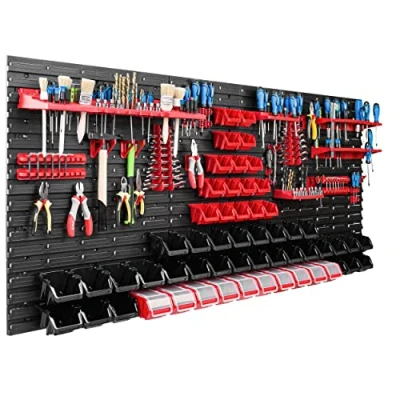 Image de Système de rangement mural pour atelier et garage 172 x 78 cm Avec 56 boîtes empilables supports d’outils Panneau porte outil perforé ultra solide