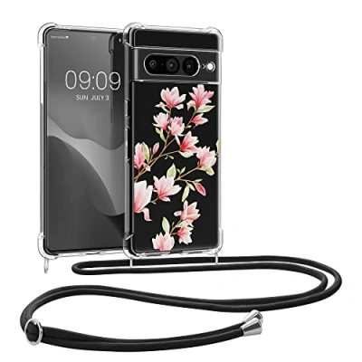 Image de kwmobile Coque Collier Compatible avec Google Pixel 7 Pro Housse en Silicone Cordon de Rose Clair Blanc Transparent