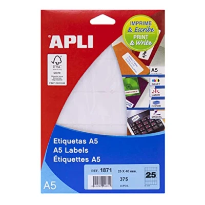 Image de APLI Lables A5 Print&amp;Write 25 x 40mm étiquette auto collante Blanc 375 pièce(s)