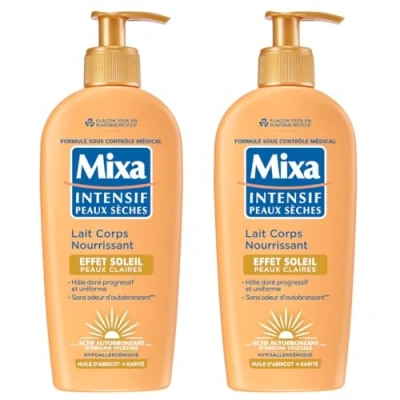 Image de Mixa Intensif Peaux Sèches Lait Corps Nourrissant Effet Soleil Autobronzant Hâle Doré Naturel Progressif et Uniforme Claires Hypoallergénique Lot de 2, 250ml