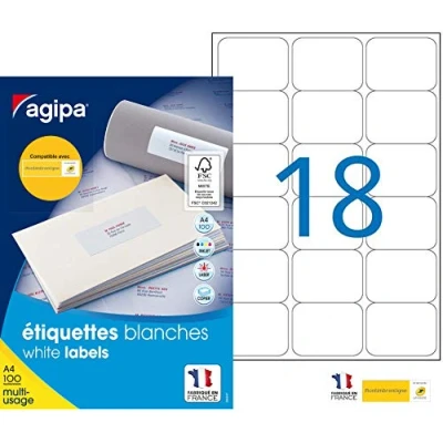 Image de Agipa 100981 Lot de 1800 Etiquettes multi usage coins arrondis 63,5 mm x 46,6 Blanc