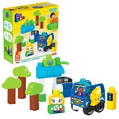Image de Mega Bloks First Builders Ville Verte, Bus électrique, jeu de construction, 36 pièces dont gros blocs et 2 personnages, pour enfants bébés dès 1 an, HDX90