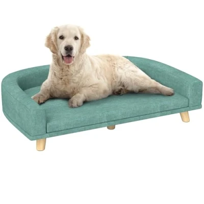 Image de PawHut Canapé Chien lit pour Design scandinave Coussin déhoussable dim. 98L x 67l 25H cm Pieds Bois Tissu Polyester Vert Clair