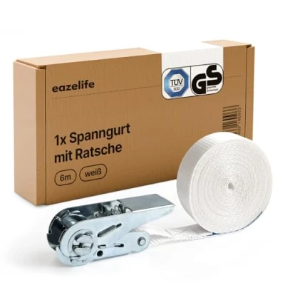 Image de Sangle d&#039;arrimage Pour machine à laver 6 m 25 mm Certifié TÜV &amp; GS sécuriser le sèche linge et la avec cliquet 800 daN Blanc