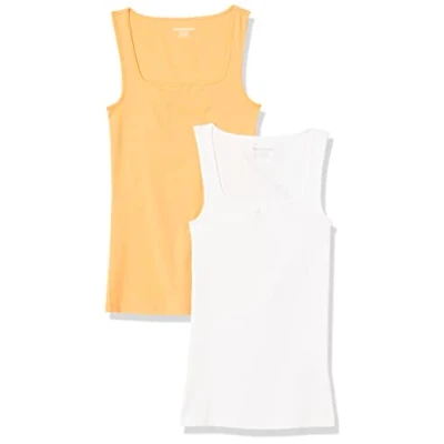 Image de Amazon Essentials Débardeur à Encolure carrée, Coupe étroite Femme, Lot de 2, Blanc/Orange Melon, S
