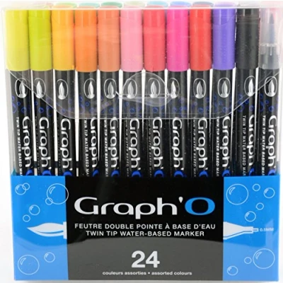 Image de GRAPH’O Set de 24 feutres à base d’eau double pointe pour le dessin, l’illustration et l’aquarelle, extra fine 0,5 mm pinceau souple