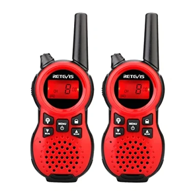 Image de Retevis RT638 Talkie Walkie Enfants, Walkie, 16 Canaux Longue Portée LCD Lampe de Poche, Cadeau Anniversaire Jouet pour Adventures Extérieur Camping Randonnée (1 Paire, Rouge)