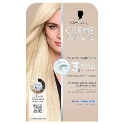 Image de Schwarzkopf Coloration Permanente Creme Supreme Resultat Uniforme Pre serum Eclaircissant Masque Soin Bleu Anti Reflet Jaunes Decolore jusqu&#039;à 9 tons L1++ Blond Très Clair